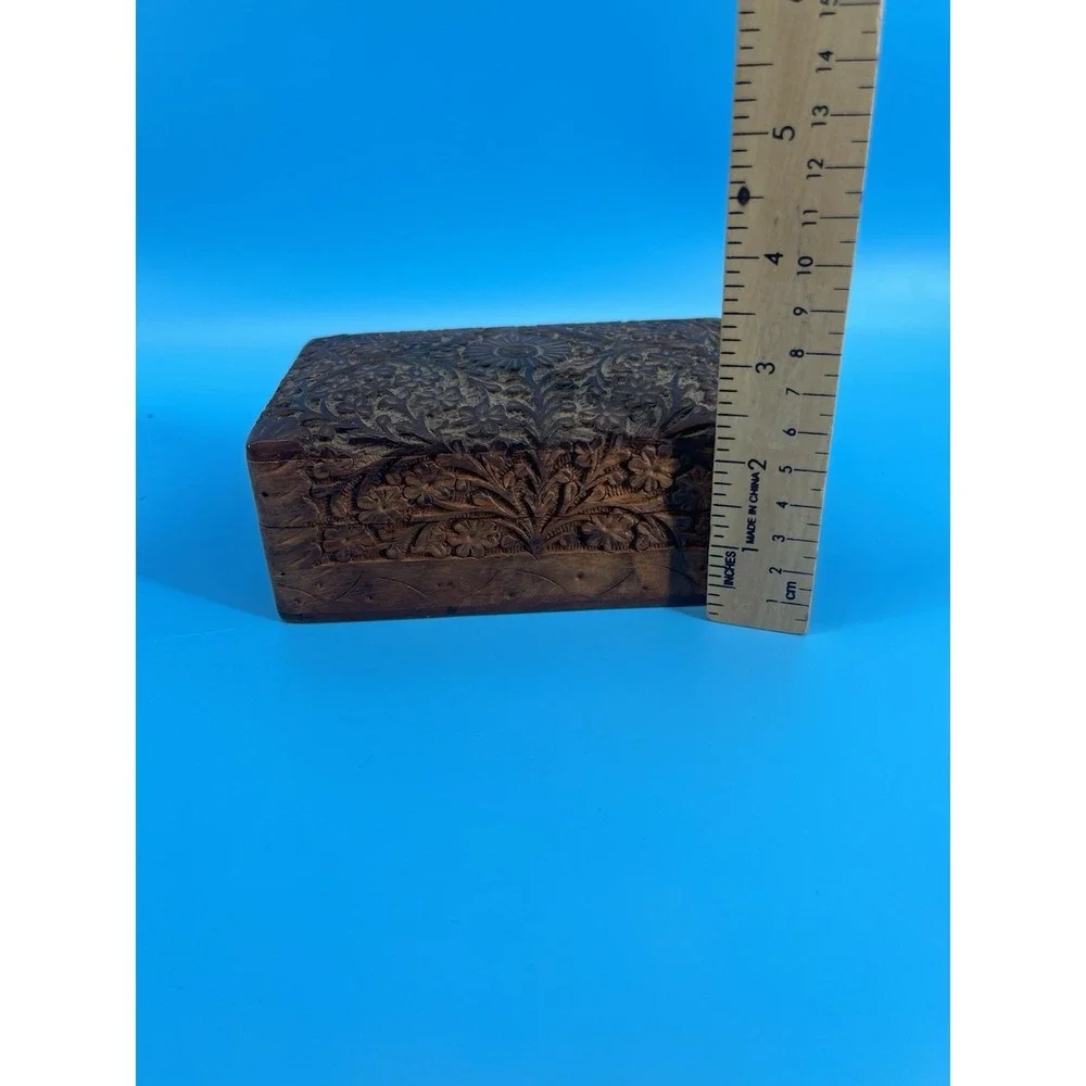 Vintage Hand Carved Wooden Jewelry Trinket‎ Box Floral Velvet Lined 6x2.5